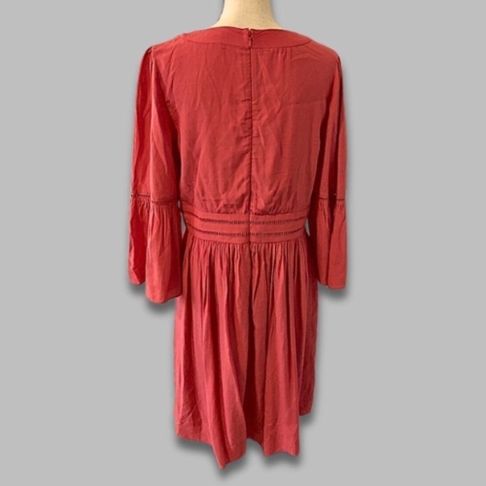Ann Taylor Fit & Flare Dress Bell Sleeve V-Neck Back Zipper Pink Coral Sz 2 NWT - Picture 2 of 8